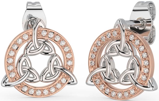 Diamond Rose Gold Silver Celtic Trinity Knot Stud Earrings