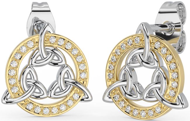 Diamond White Yellow Gold Celtic Trinity Knot Stud Earrings