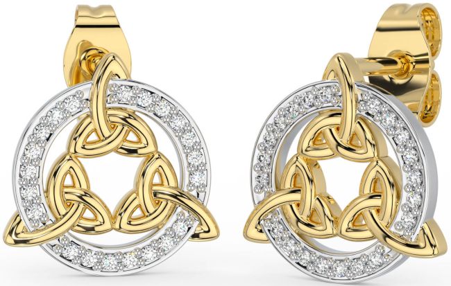 Diamond White Yellow Gold Celtic Trinity Knot Stud Earrings