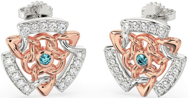 Diamond Aquamarine Rose Gold Silver Celtic Stud Earrings