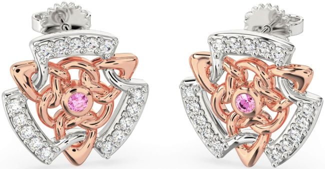 Diamond Pink Tourmaline Rose Gold Silver Celtic Stud Earrings