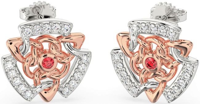 Diamond Ruby Rose Gold Silver Celtic Stud Earrings