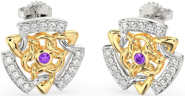 Diamond Amethyst Gold Silver Celtic Stud Earrings