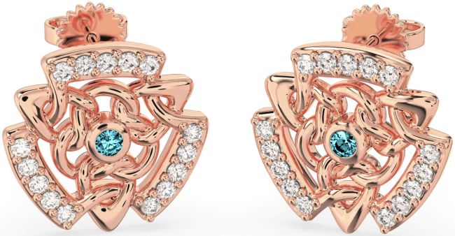 Diamond Aquamarine Rose Gold Silver Celtic Stud Earrings