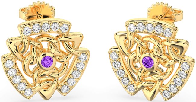 Diamond Amethyst Gold Silver Celtic Stud Earrings