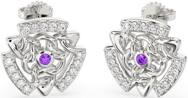 Diamond Amethyst Silver Celtic Stud Earrings