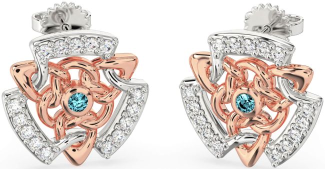 Diamond Aquamarine White Rose Gold Celtic Stud Earrings