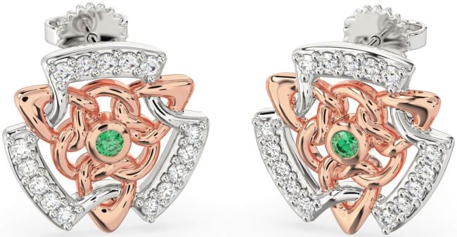 Diamond Emerald White Rose Gold Celtic Stud Earrings