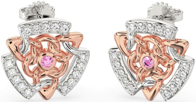 Diamond Pink Tourmaline White Rose Gold Celtic Stud Earrings