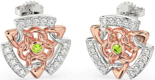 Diamond Peridot White Rose Gold Celtic Stud Earrings