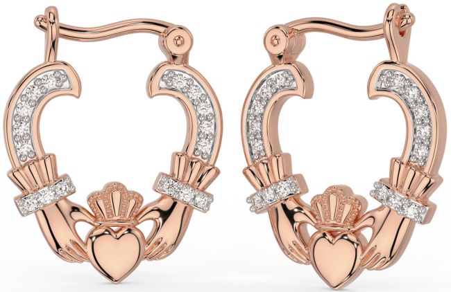 Diamond Rose Gold Claddagh Hoop Earrings