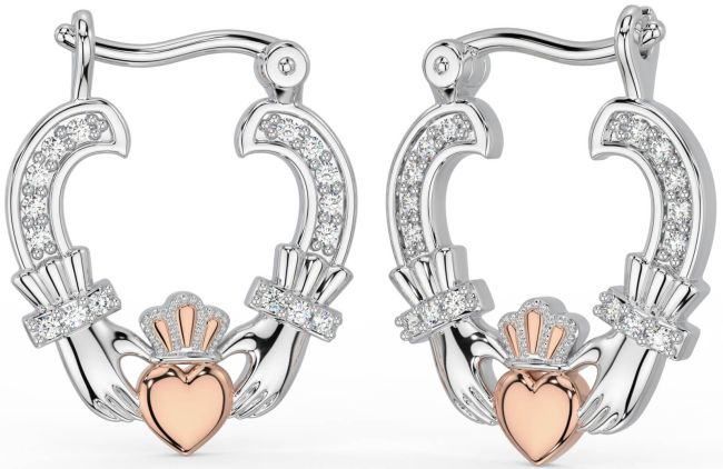 Diamond White Rose Gold Claddagh Hoop Earrings