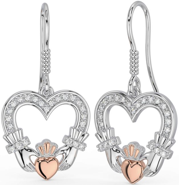 Diamante Rosa Ouro Prata Claddagh Pendurar Brincos