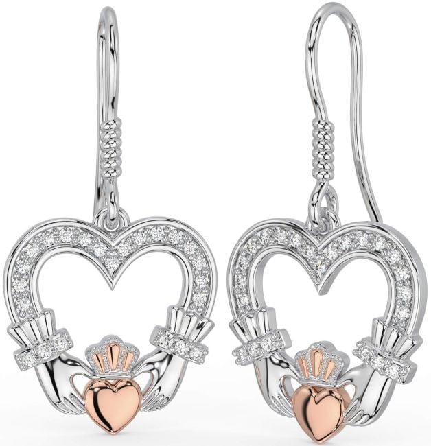 Diamond Rose Gold Silver Claddagh Dangle Earrings