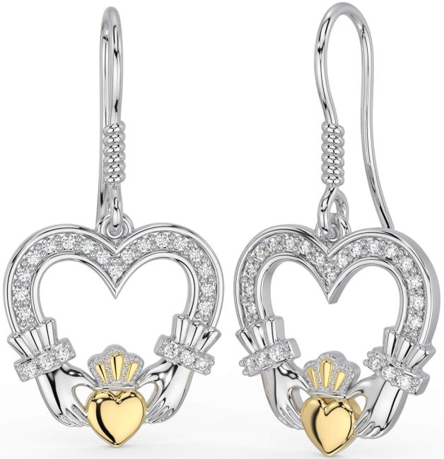 Diamond Gold Silver Claddagh Dangle Earrings