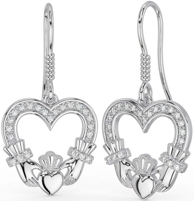 Diamond White Gold Claddagh Dangle Earrings