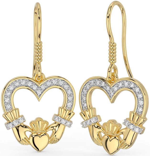 Diamond Gold Claddagh Dangle Earrings