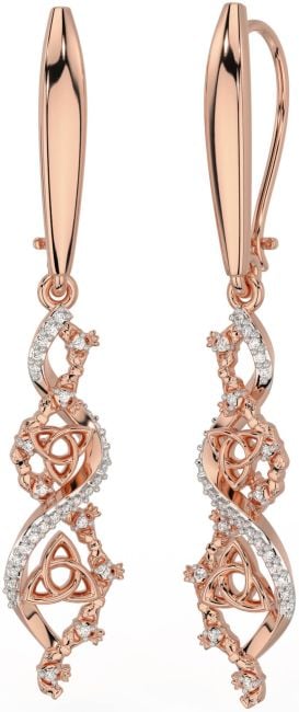 Diamond Rose Gold Silver Claddagh Celtic Trinity Knot Dangle Earrings