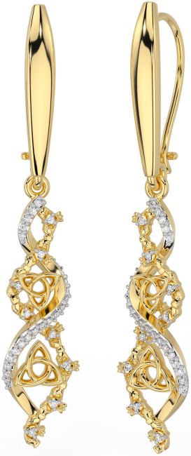 Diamond Gold Silver Claddagh Celtic Trinity Knot Dangle Earrings