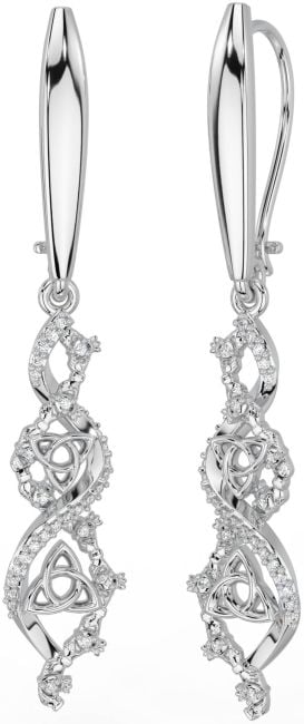 Diamond Silver Claddagh Celtic Trinity Knot Dangle Earrings