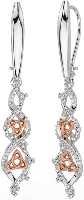 Diamond White Rose Gold Claddagh Celtic Trinity Knot Dangle Earrings