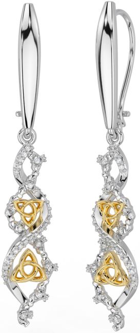 Diamond White Yellow Gold Claddagh Celtic Trinity Knot Dangle Earrings