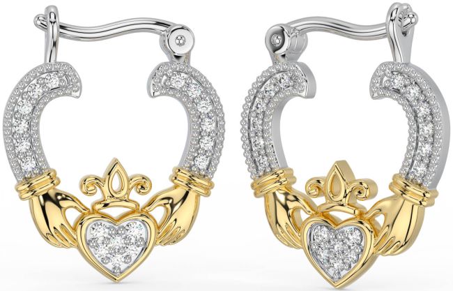 Diamante Bianco Giallo Oro Claddagh Cerchio Orecchini