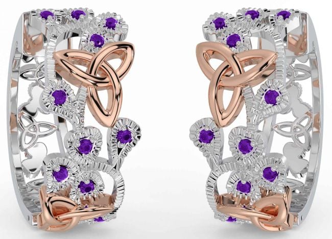 Amethyst Rose Gold Silver Shamrock Celtic Trinity Knot Stud Earrings