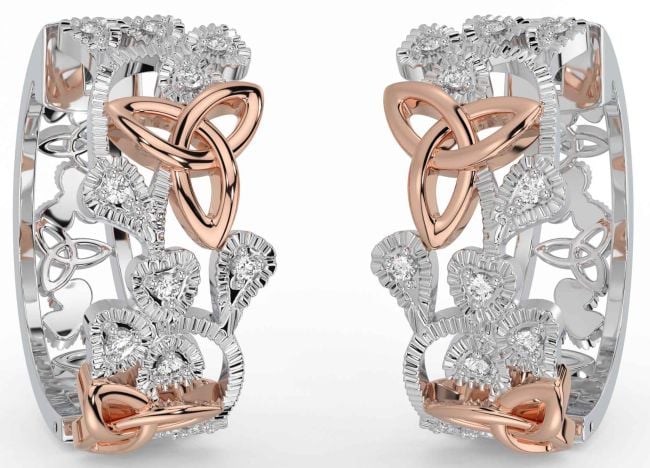 Diamond Rose Gold Silver Shamrock Celtic Trinity Knot Stud Earrings