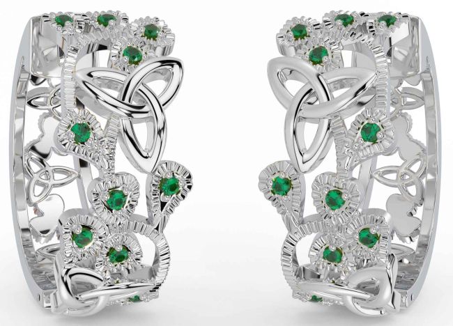 Emerald White Gold Shamrock Celtic Trinity Knot Stud Earrings