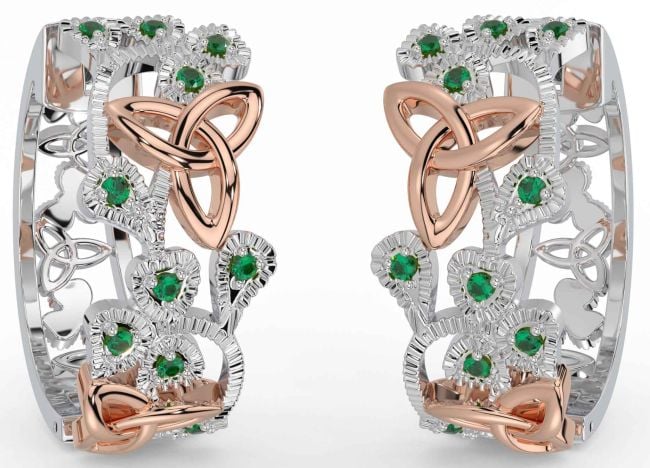 Emerald White Rose Gold Shamrock Celtic Trinity Knot Stud Earrings