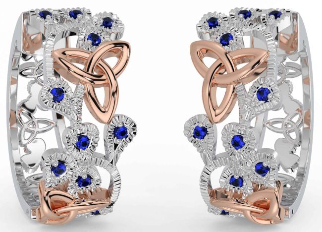 Sapphire White Rose Gold Shamrock Celtic Trinity Knot Stud Earrings