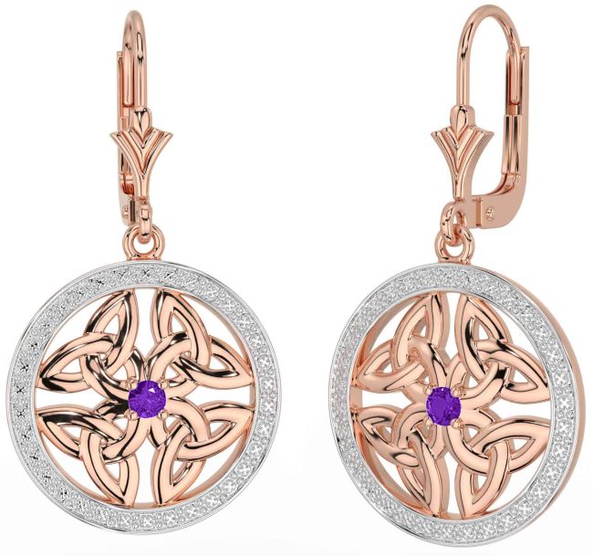 Amethyst Rose Gold Silver Celtic Trinity Knot Dangle Earrings