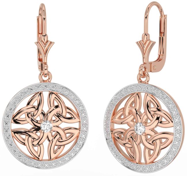 Diamond Rose Gold Silver Celtic Trinity Knot Dangle Earrings