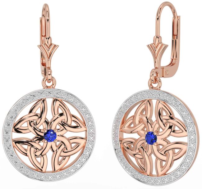 Sapphire Rose Gold Silver Celtic Trinity Knot Dangle Earrings