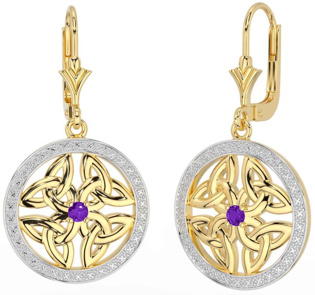 Amethyst Gold Silver Celtic Trinity Knot Dangle Earrings