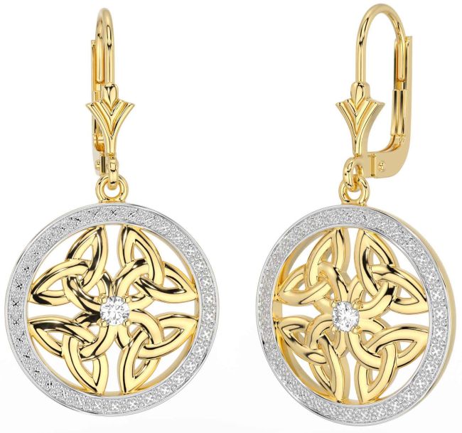 Diamond Gold Silver Celtic Trinity Knot Dangle Earrings