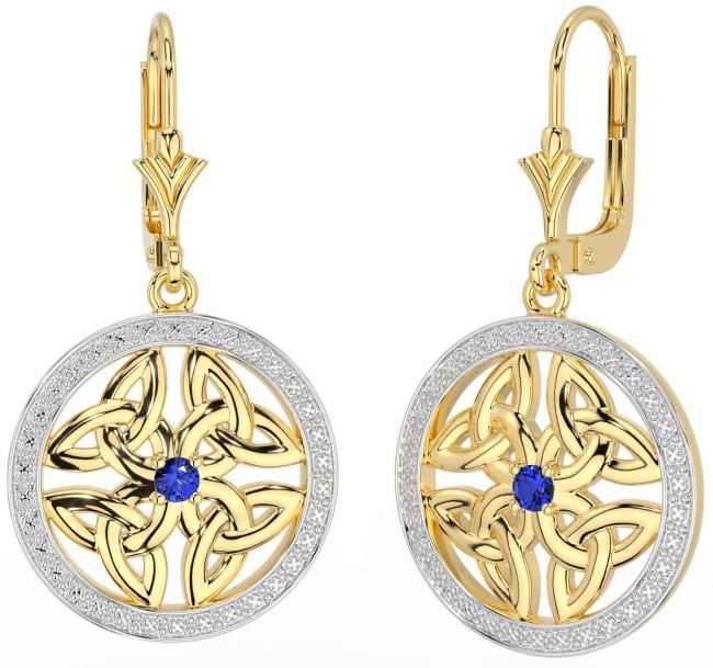 Sapphire Gold Silver Celtic Trinity Knot Dangle Earrings