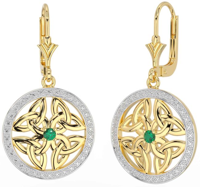 Emerald Gold Celtic Trinity Knot Dangle Earrings