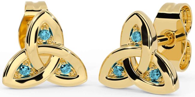 Aquamarine Gold Silver Celtic Trinity Knot Stud Earrings