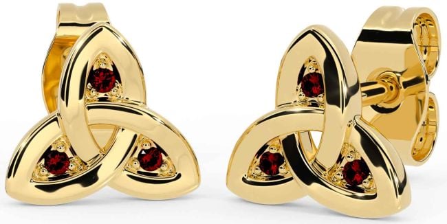 Garnet Gold Silver Celtic Trinity Knot Stud Earrings