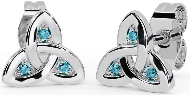 Aquamarine Silver Celtic Trinity Knot Stud Earrings