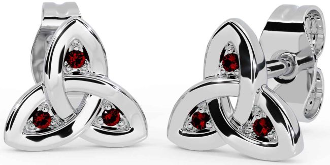 Garnet White Gold Celtic Trinity Knot Stud Earrings