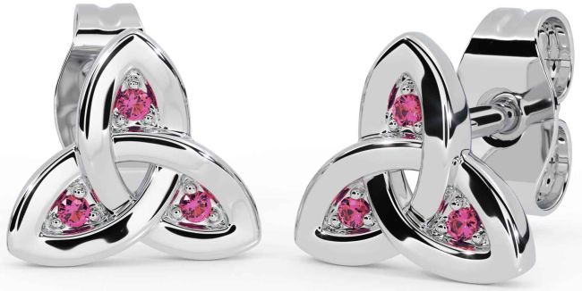 Pink Tourmaline White Gold Celtic Trinity Knot Stud Earrings