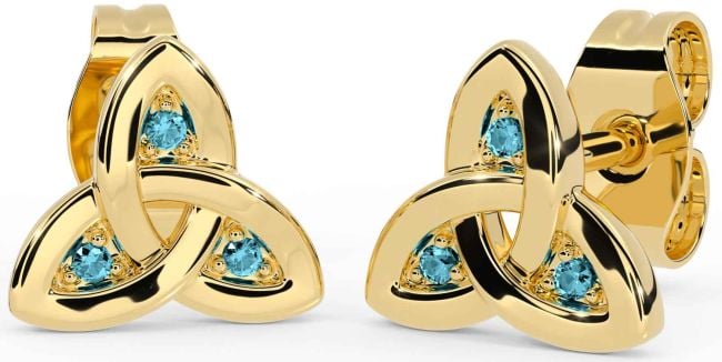Aquamarine Gold Celtic Trinity Knot Stud Earrings