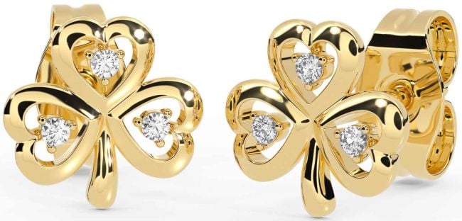 Diamond Gold Silver Shamrock Stud Earrings