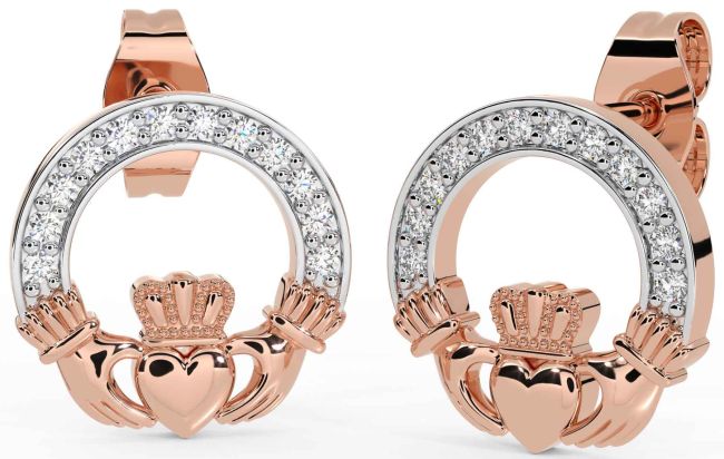 Diamond Rose Gold Claddagh Stud Earrings