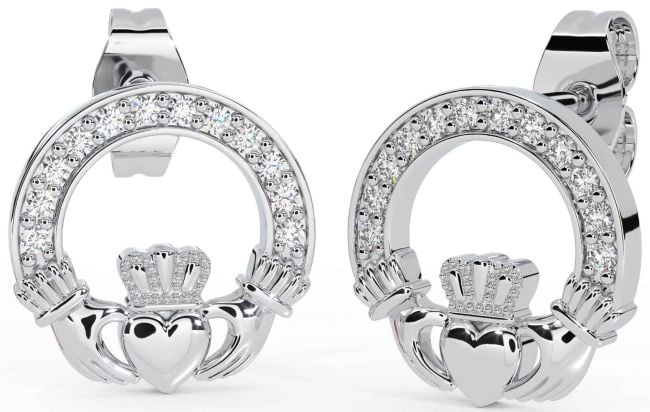 Diamond White Gold Claddagh Stud Earrings