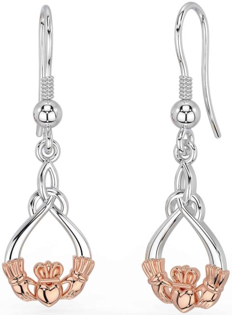 Rose Gold Silver Claddagh Dangle Earrings