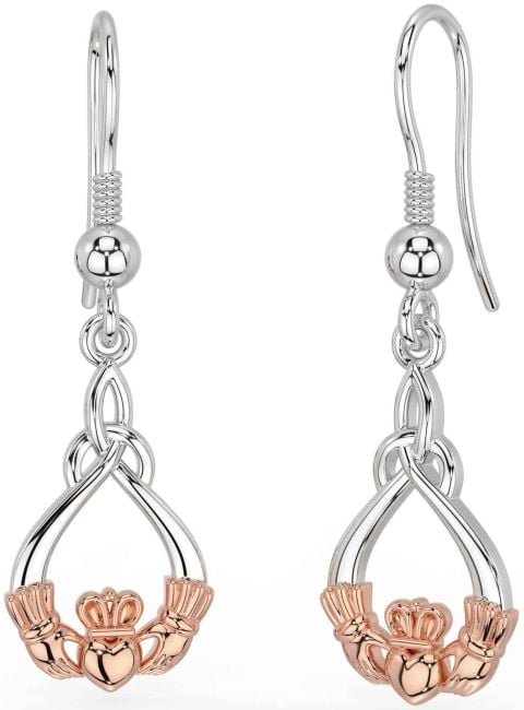 White Rose Gold Claddagh Dangle Earrings